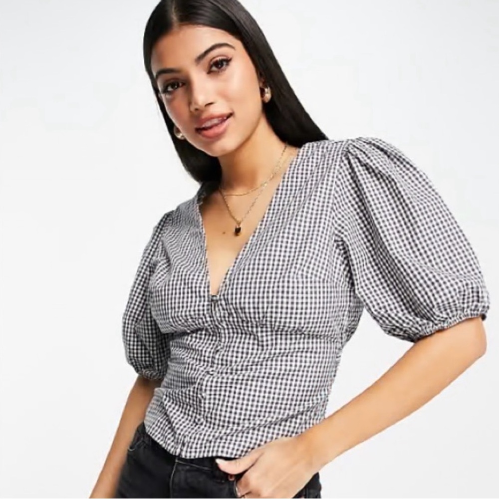 Abercrombie Women’s Black Gingham Puff Sleeve Top, Button Detail, Size Small